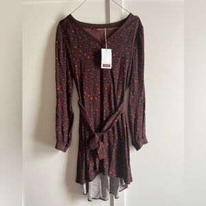 Comptoir Des Cotonniers Brown and Red Patterned Long Sleeve Dress